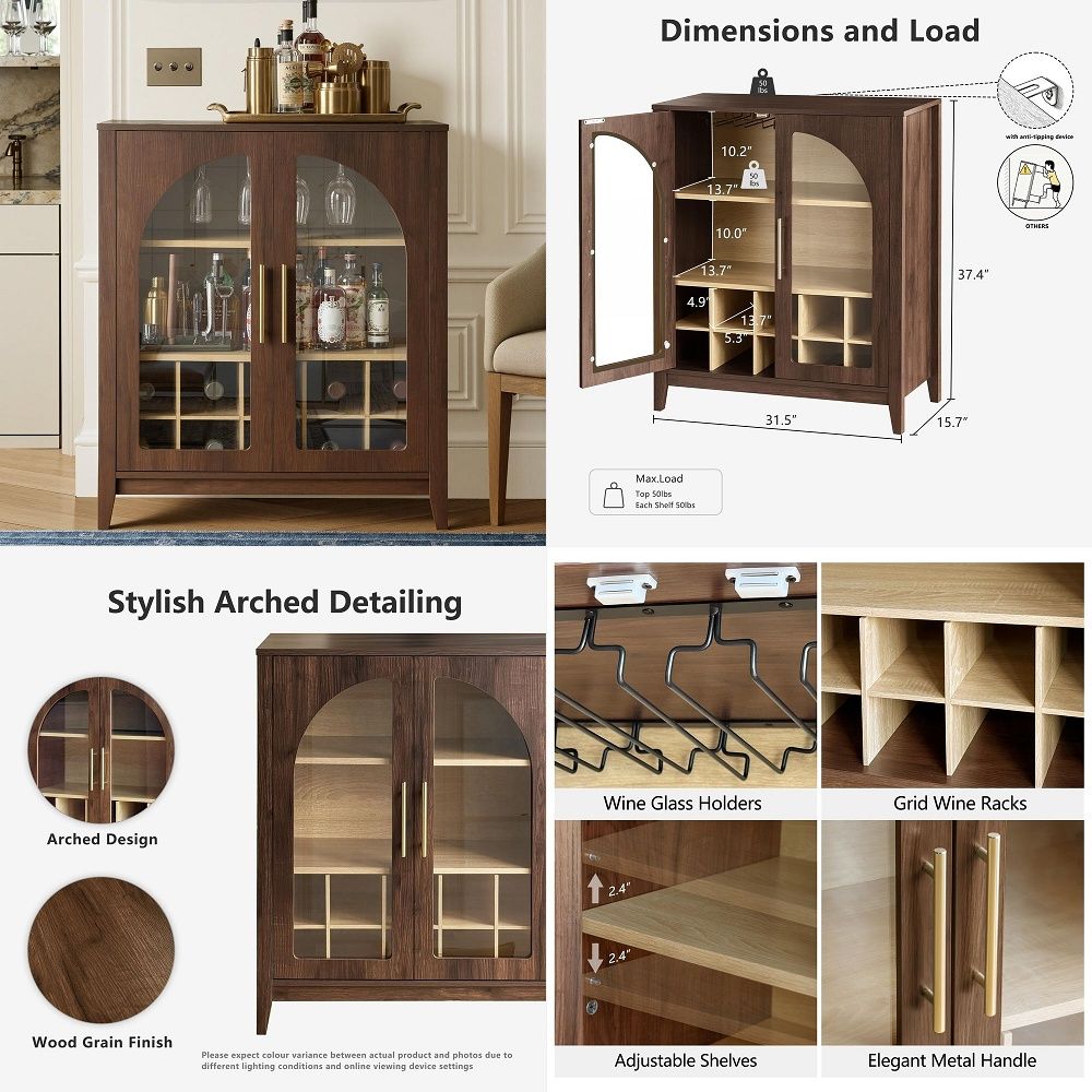 Glass Cabinet Display - 背の高い収納キャビネット、ガラス扉付き溝付きパントリーキャビネット、木製キッチンフードカップボード、調節可能な棚、モダンなディスプレイ