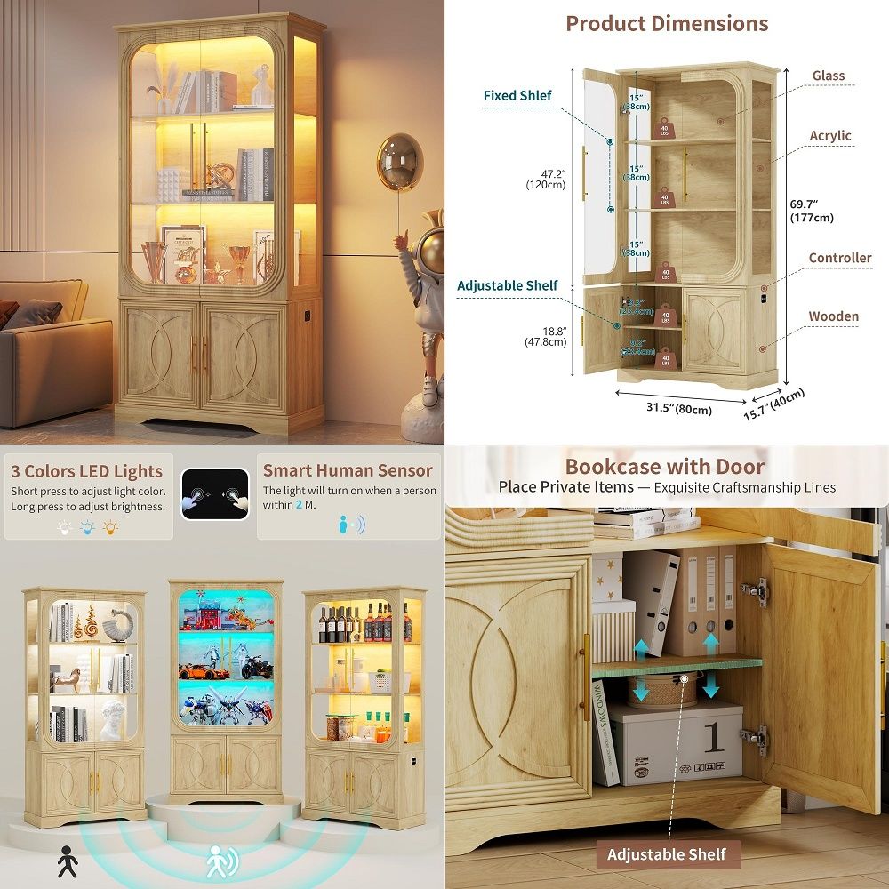 Glass Cabinet Display - ガラス扉と収納棚付きディスプレイキャビネット、モダンなコレクション用ディスプレイキャビネット、展示用トロフィーケース、ブラック31.5