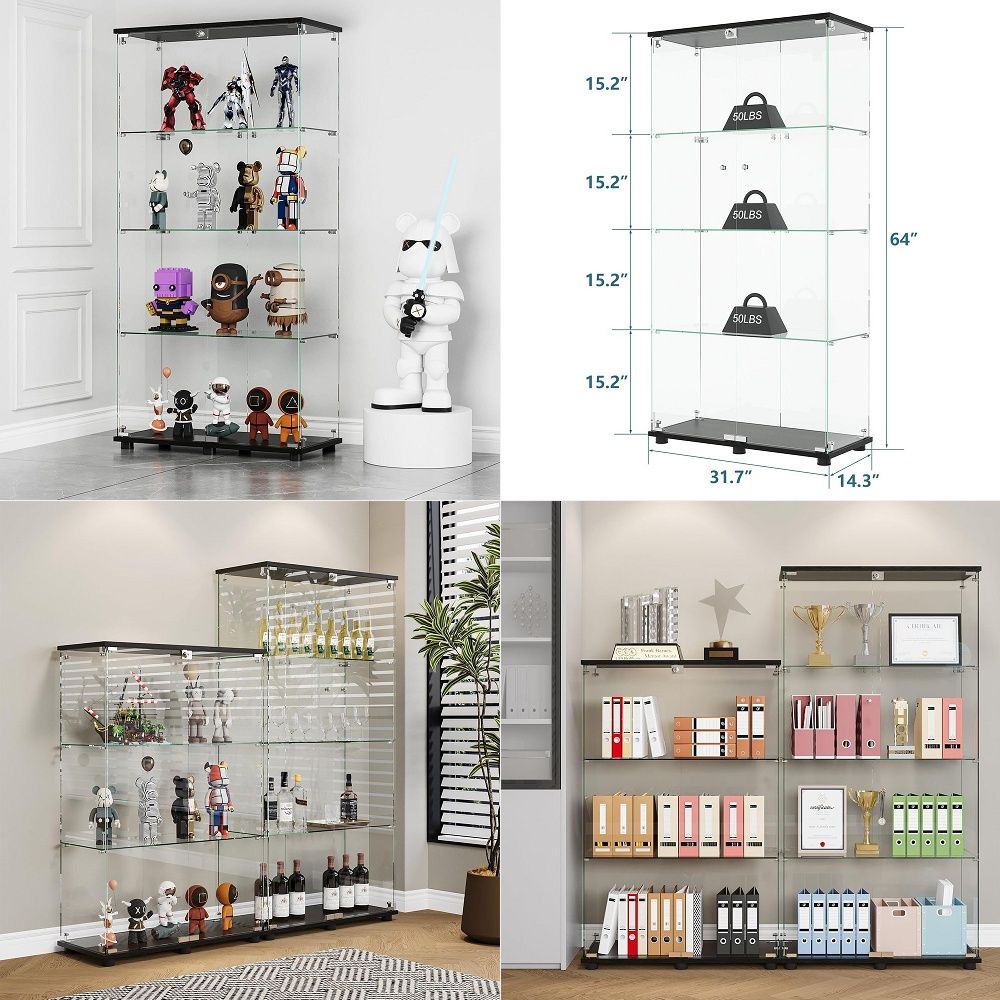 Glass Cabinet Display - 4棚の両開きドアとロック付きディスプレイキャビネット、5mm強化ガラスのキュリオキャビネット、リビングルーム用の床置き本棚、B