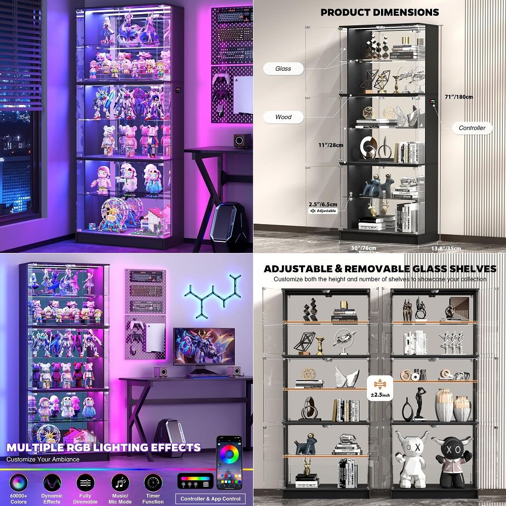 Glass Cabinet Display - ガラス扉付きディスプレイキャビネット、6段71インチ高さのコレクション用RGBライト付きキュリオキャビネット、調節可能なガラス付きディスプレイケース