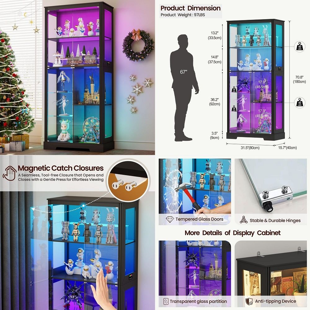 Glass Cabinet Display - 照明付きコーナーディスプレイキュリオキャビネット、木製曲線棚、強化ガラス扉、バーと酒類収納エリア付き（6 S）