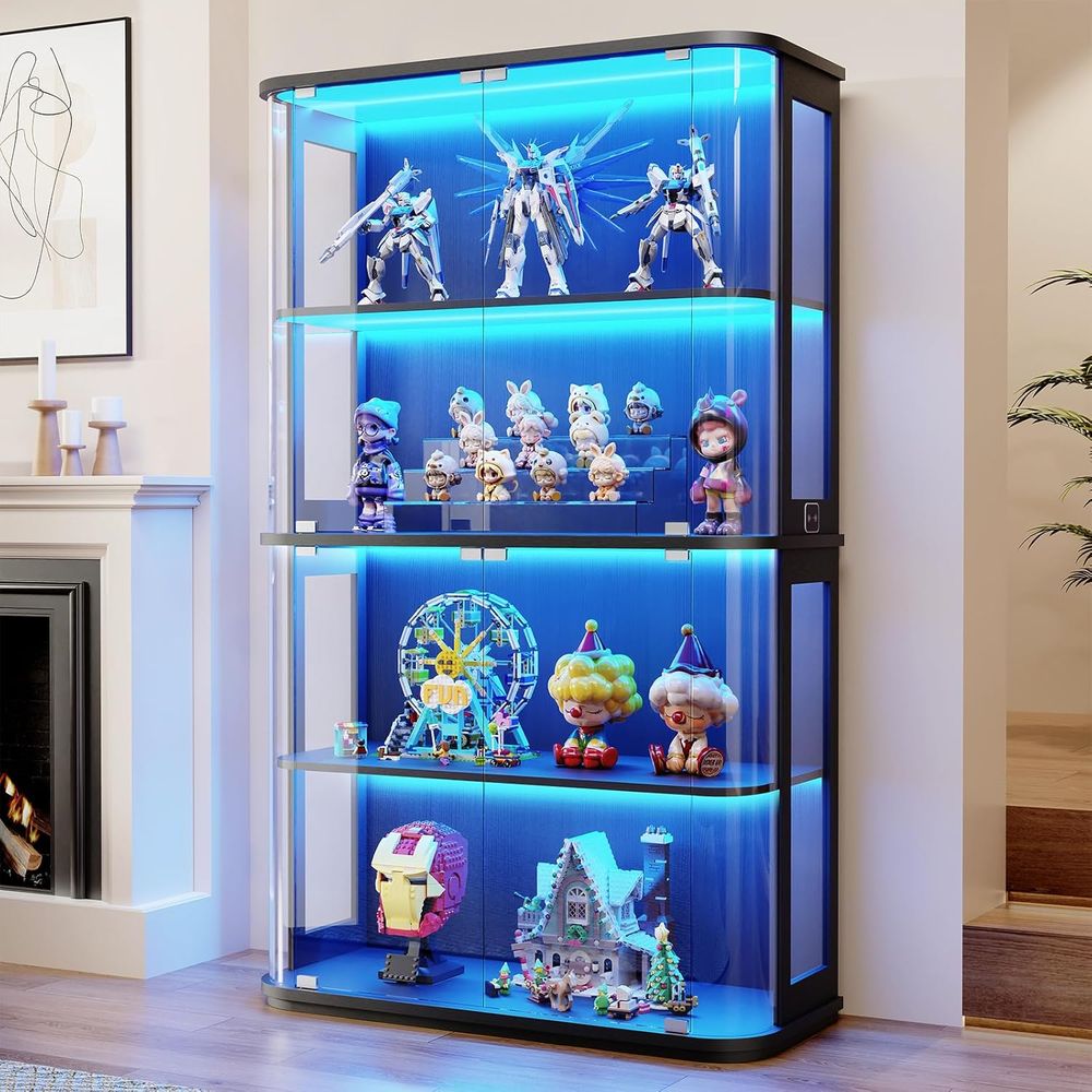 Glass Cabinet Display - 大型の丸みを帯びたガラス扉付きディスプレイキャビネット、3色のライト付き4段キュリオキャビネット、またはコレクション用ガラスディスプレイケース