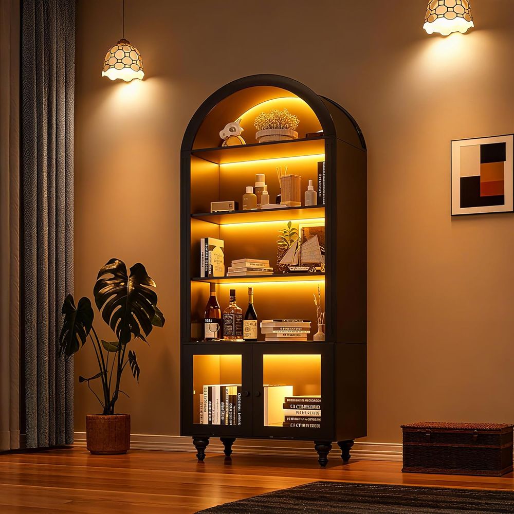 Glass Cabinet Display - 木製アーチ型ディスプレイ収納キャビネット、ガラス扉、LEDライト付き、ショーケースまたはコレクション、香水、レコードアルバム、本棚またはホームデコレーション用