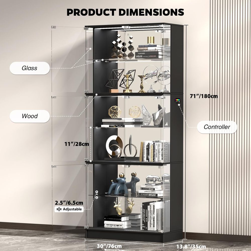 ガラス扉付きディスプレイキャビネット、6段71インチ高さのコ - Glass Cabinet Display のレビューと価格