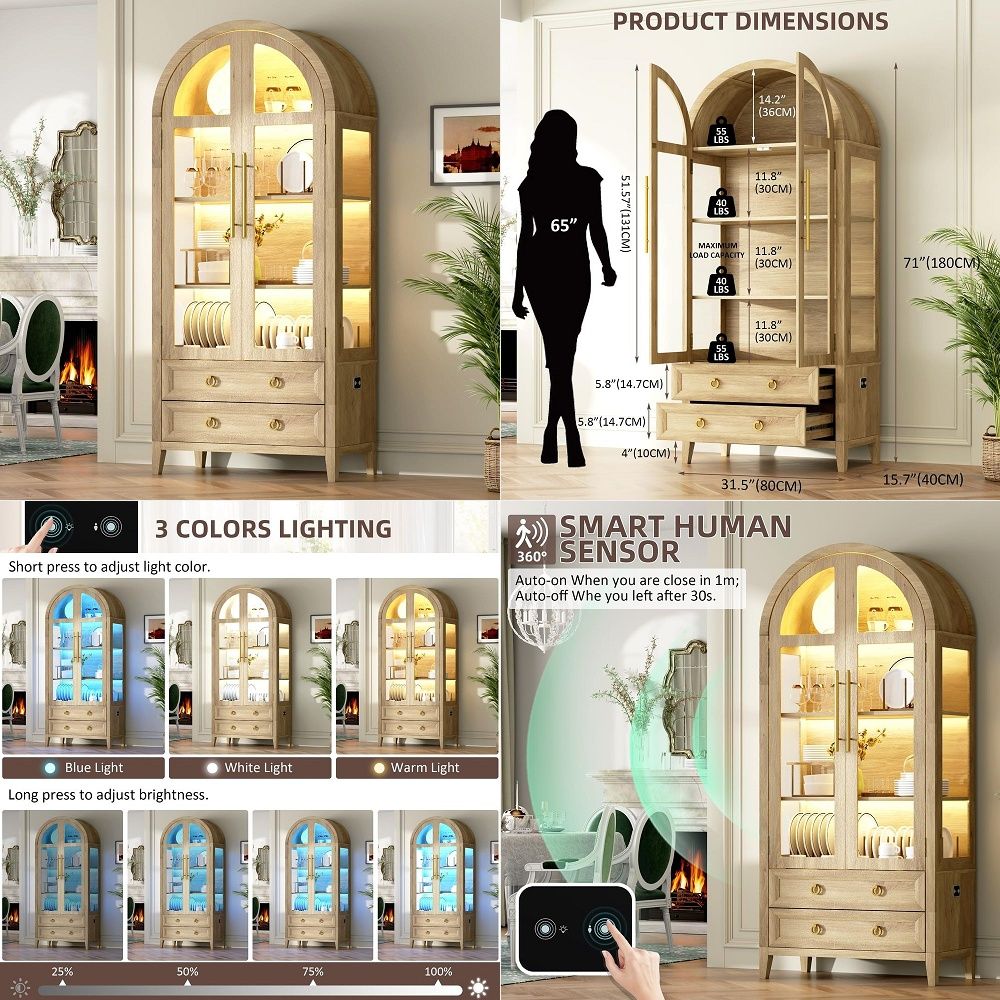 71アーチ型ガラス扉付きキュリオキャビネット、4段棚ディスプ - Glass Cabinet Display のレビューと価格