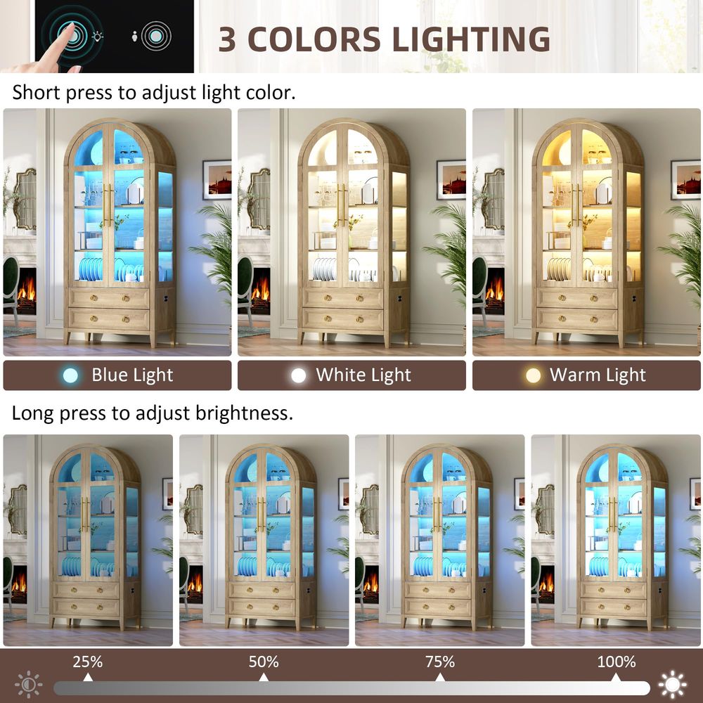 71アーチ型ガラス扉付きキュリオキャビネット、4段棚ディスプ - Glass Cabinet Display のレビューと価格