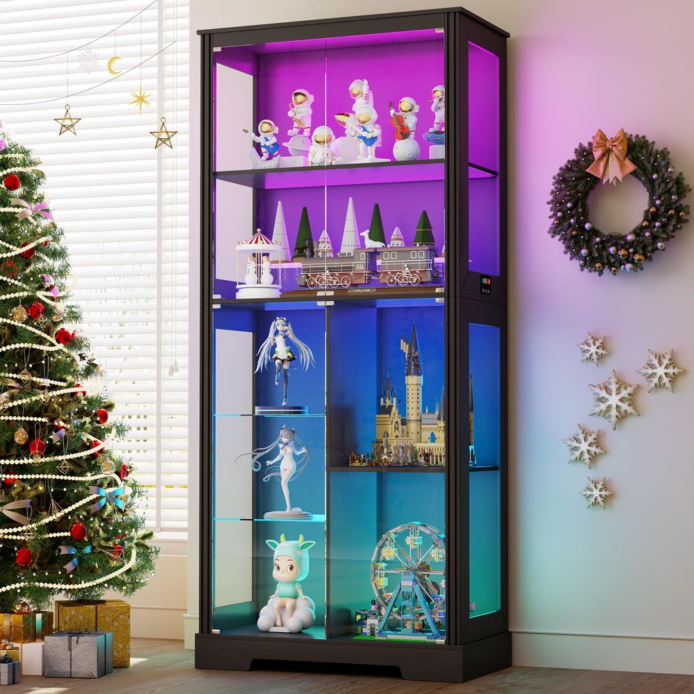 照明付きコーナーディスプレイキュリオキャビネット、木製曲線棚 - Glass Cabinet Display のレビューと価格