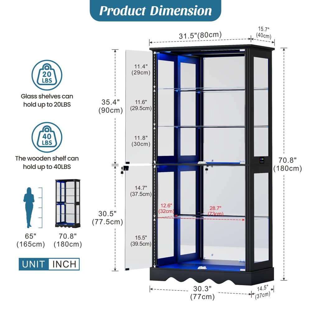 ガラス扉付きディスプレイキャビネット、6段71インチ高さのコ - Glass Cabinet Display のレビューと価格