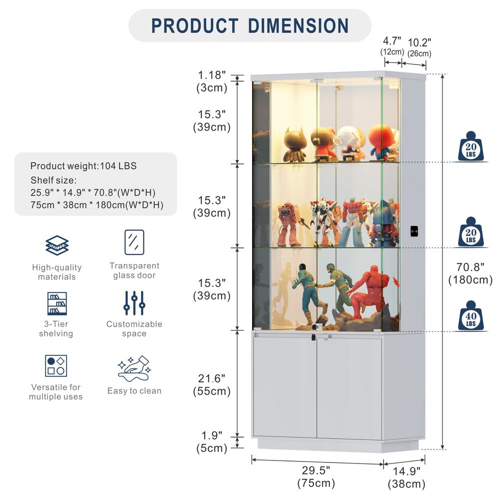 71 ガラス扉付きディスプレイキャビネット、3色ライト付き、 - Glass Cabinet Display のレビューと価格