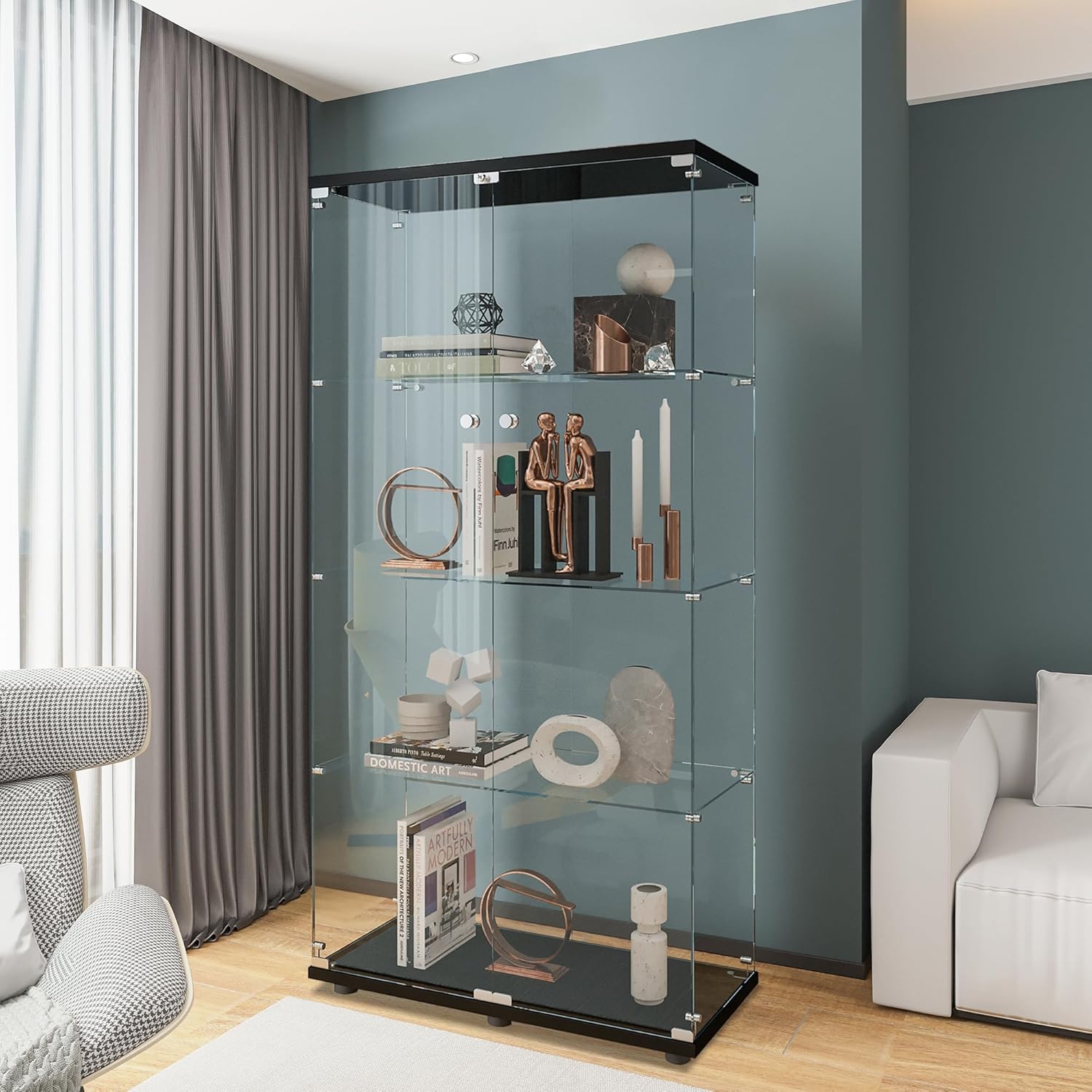 ガラス製ディスプレイキャビネット、棚4段、扉2枚付き、リビン - Glass Cabinet Display のレビューと価格